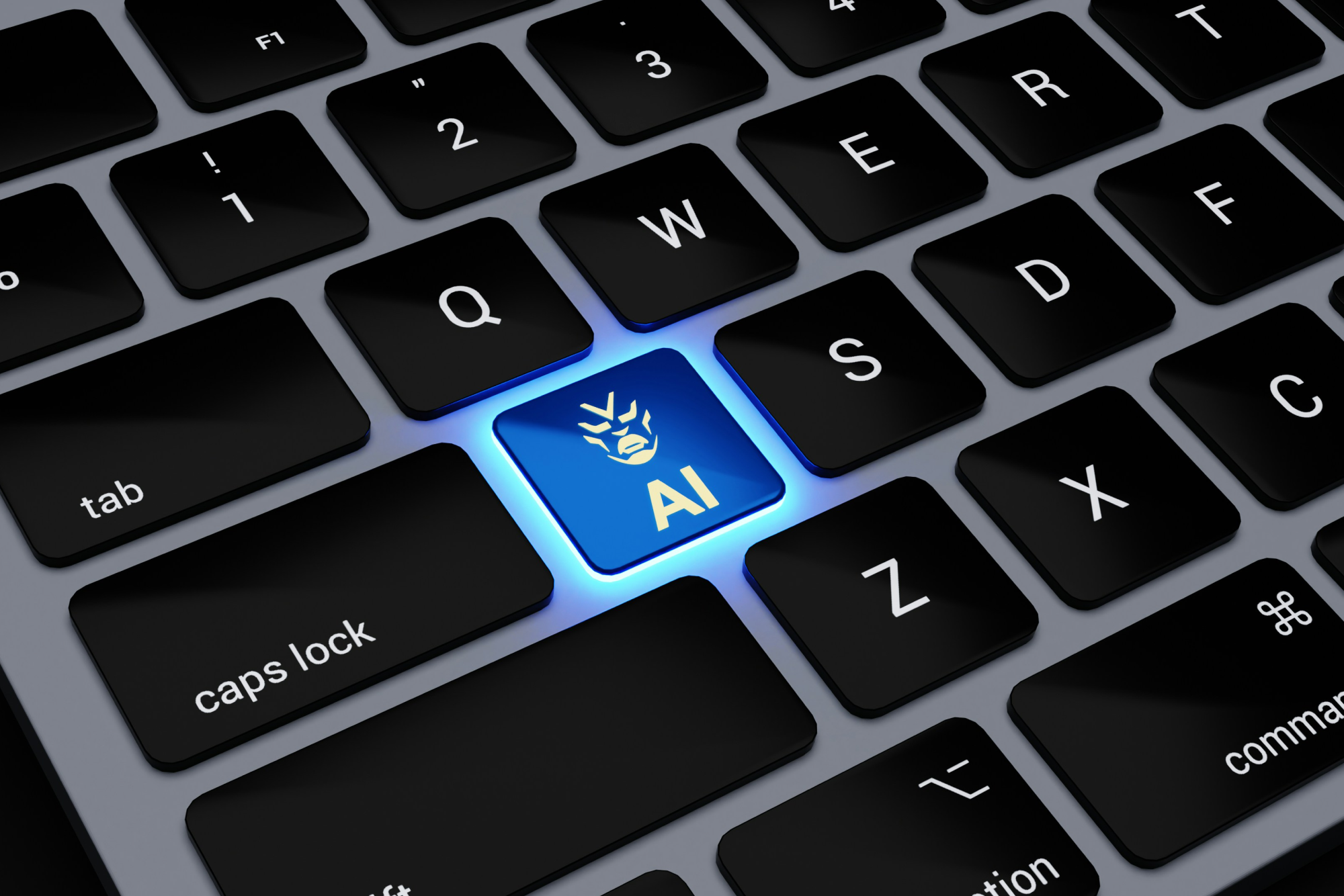 Illuminated AI key on keyboard symbolizing automated customer support technology