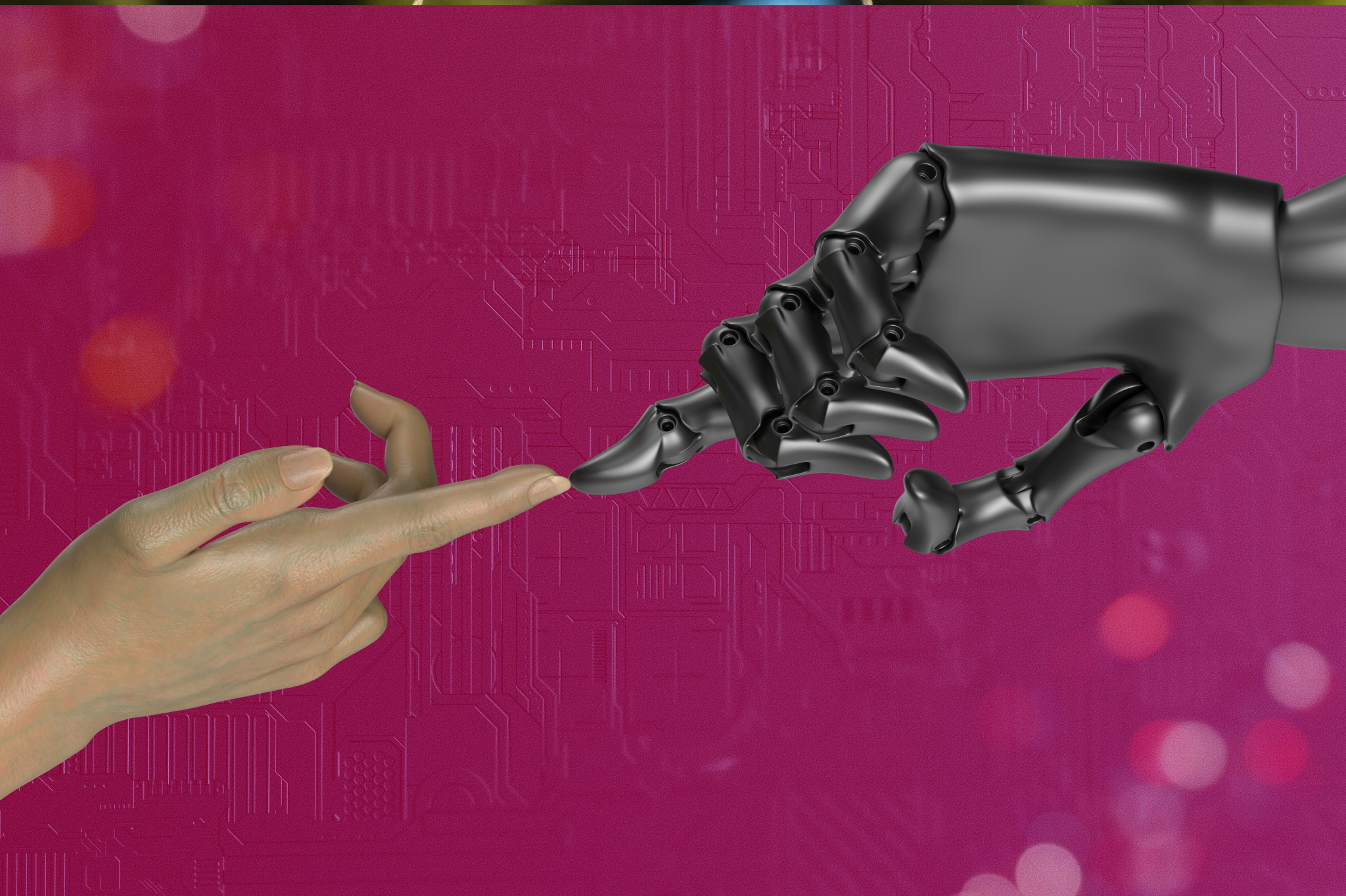 Two hands shaking with one being robotic arm against pink background symbolizing AI and human collaboration