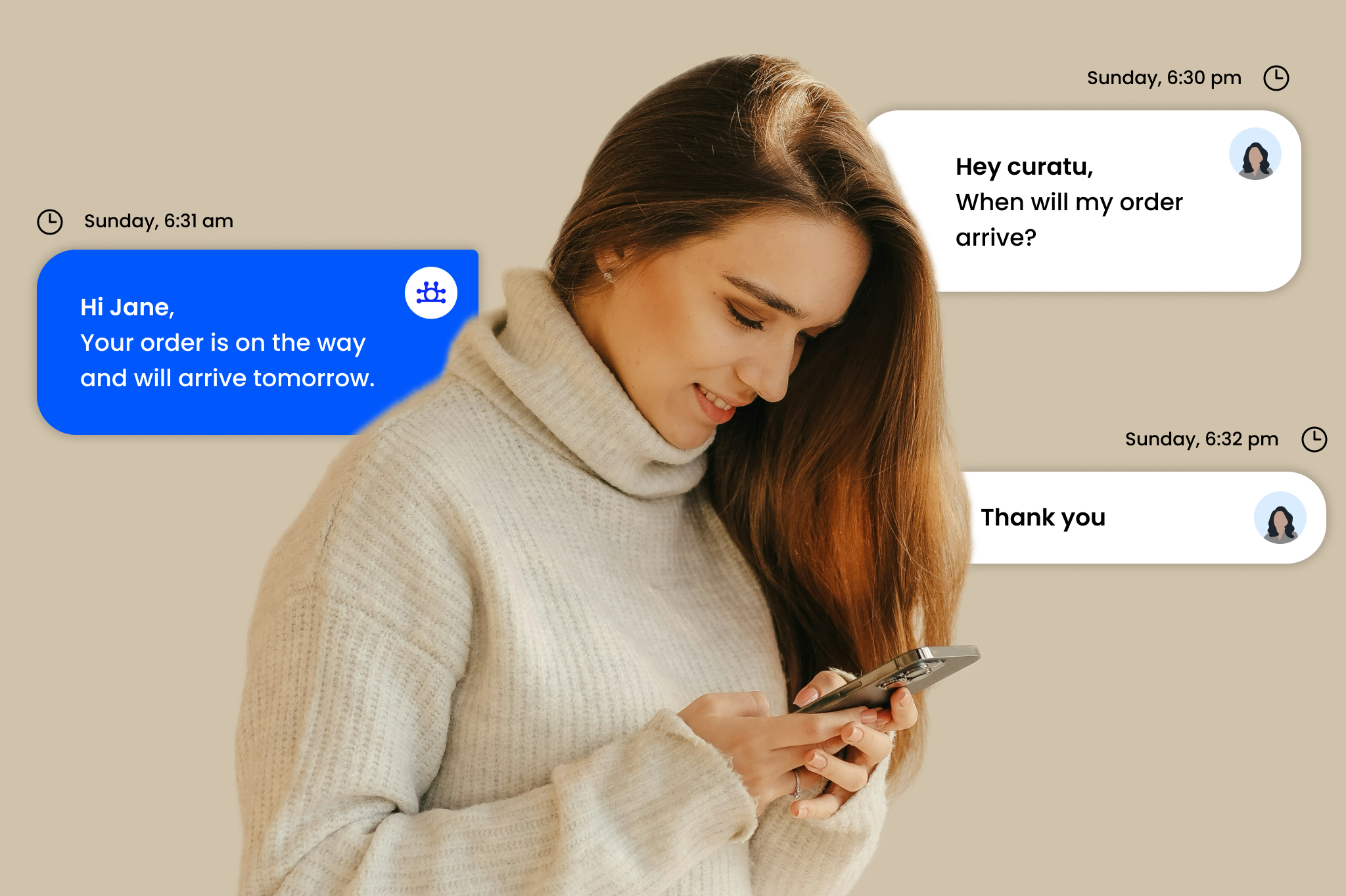 Woman using smartphone with chatbot interface displaying automated customer support conversation on screen