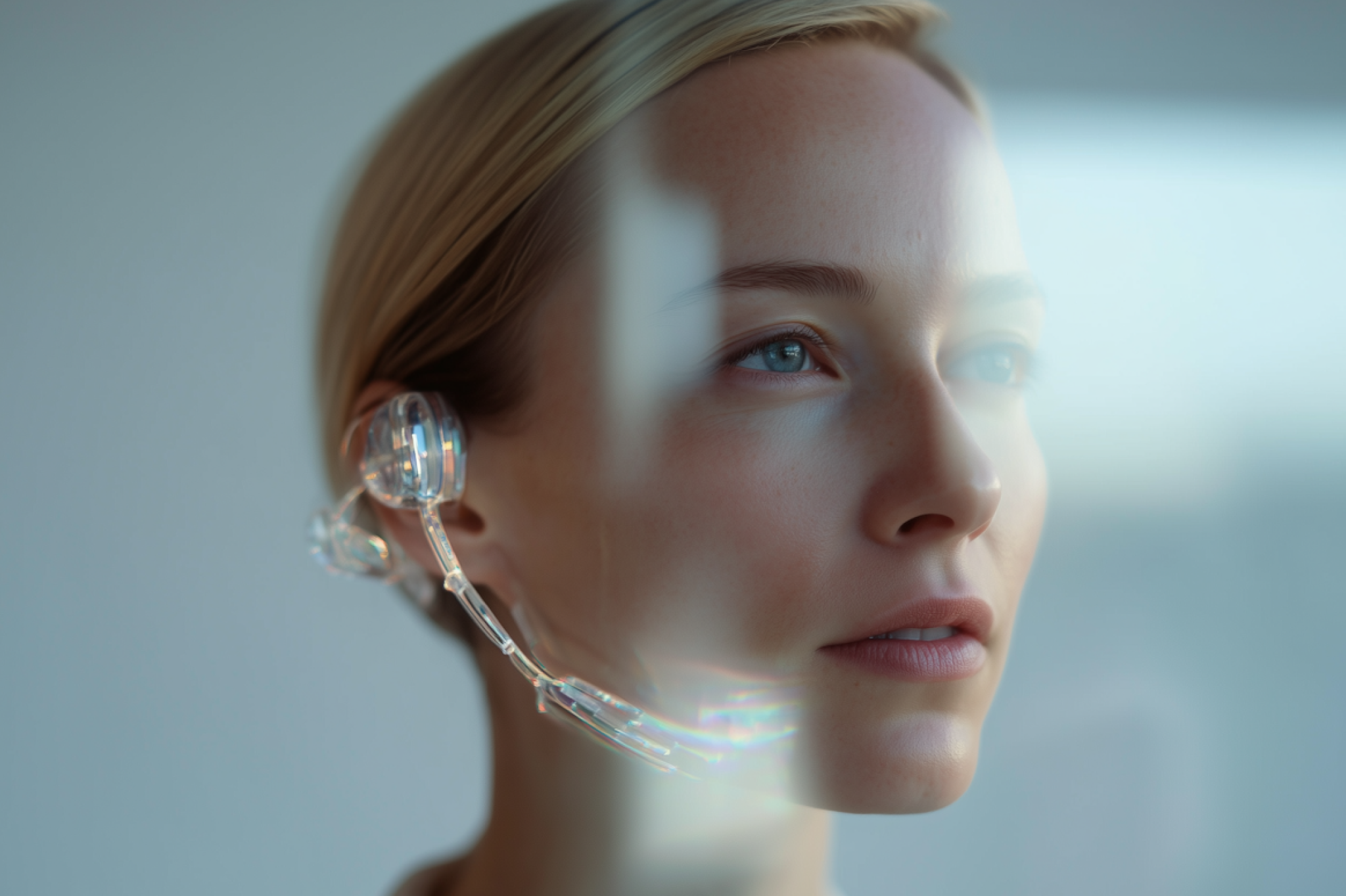Futuristic customer support center with AI-powered chatbots assisting customers in a high-tech environment