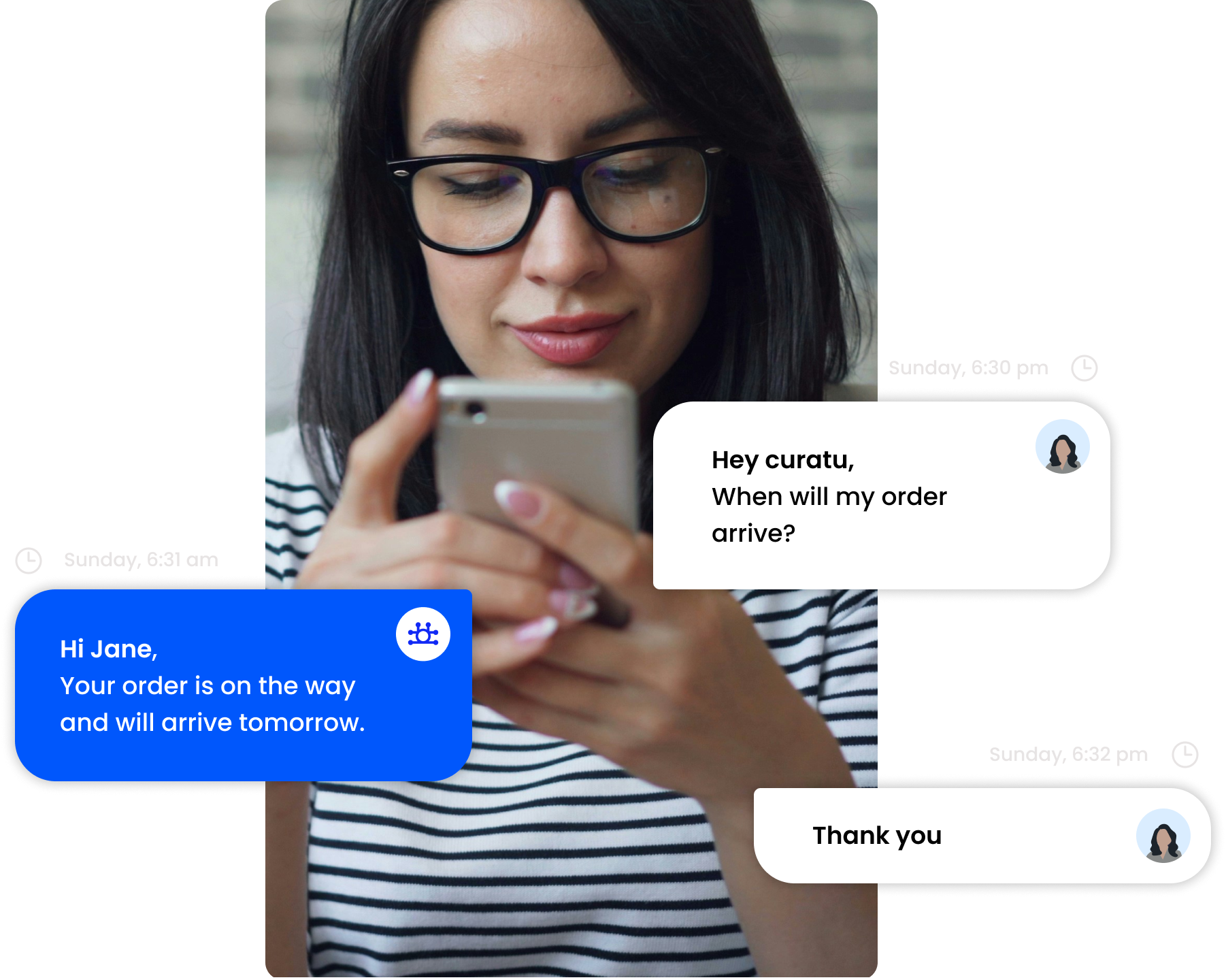 Customer smiling while using AI chatbot interface showing automated conversation responses.