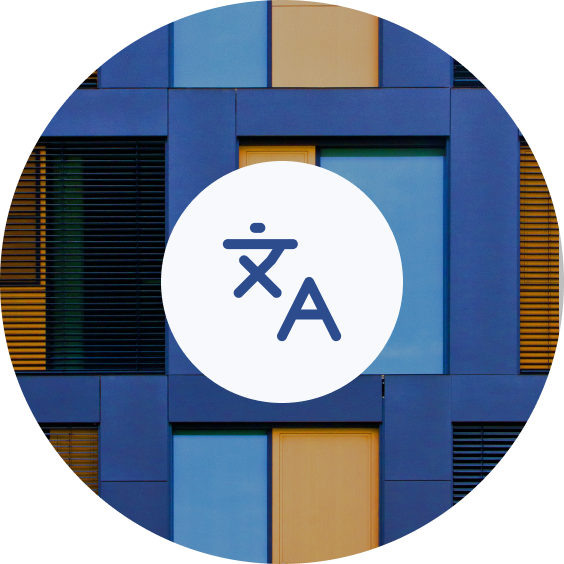 Translation symbol with character 'A' and Chinese character on colorful mosaic background representing multilingual support