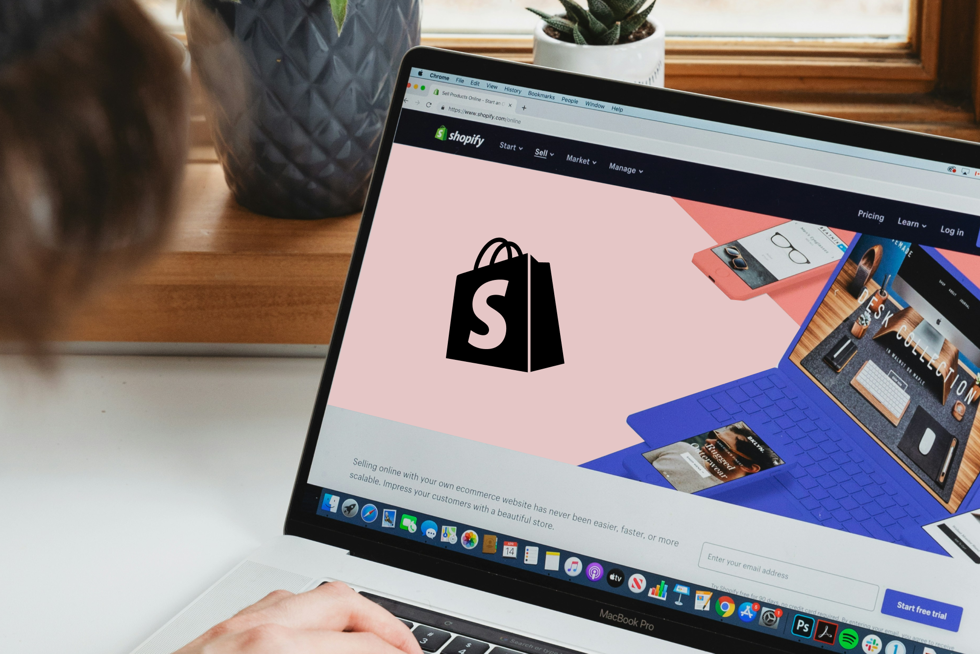Laptop displaying Shopify admin dashboard with product images showing AI chatbot setup process